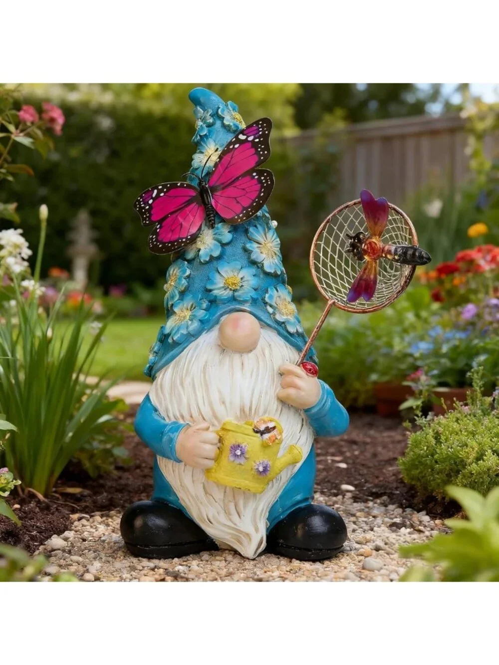 Solar Garden Gnome Statue with Butterfly & LED Flowers - Outdoor Decor for Patio